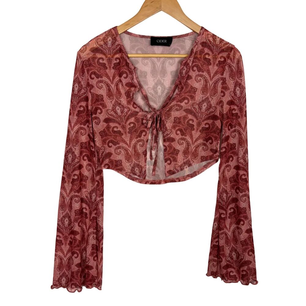 Cider Mesh Orange Red Festival Boho Long Sleeve Cropped Top Women's Large